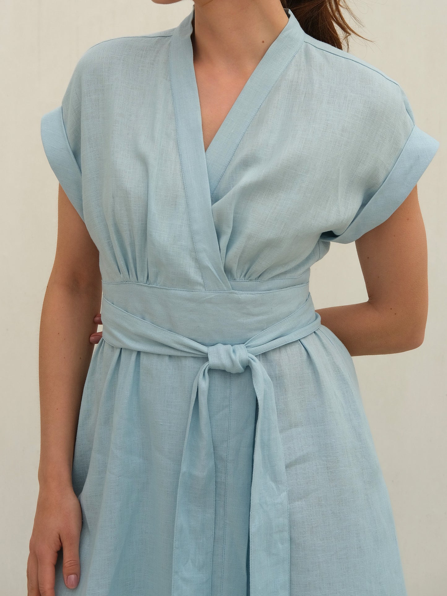 Linen Wrap Midi Dress, Light Blue