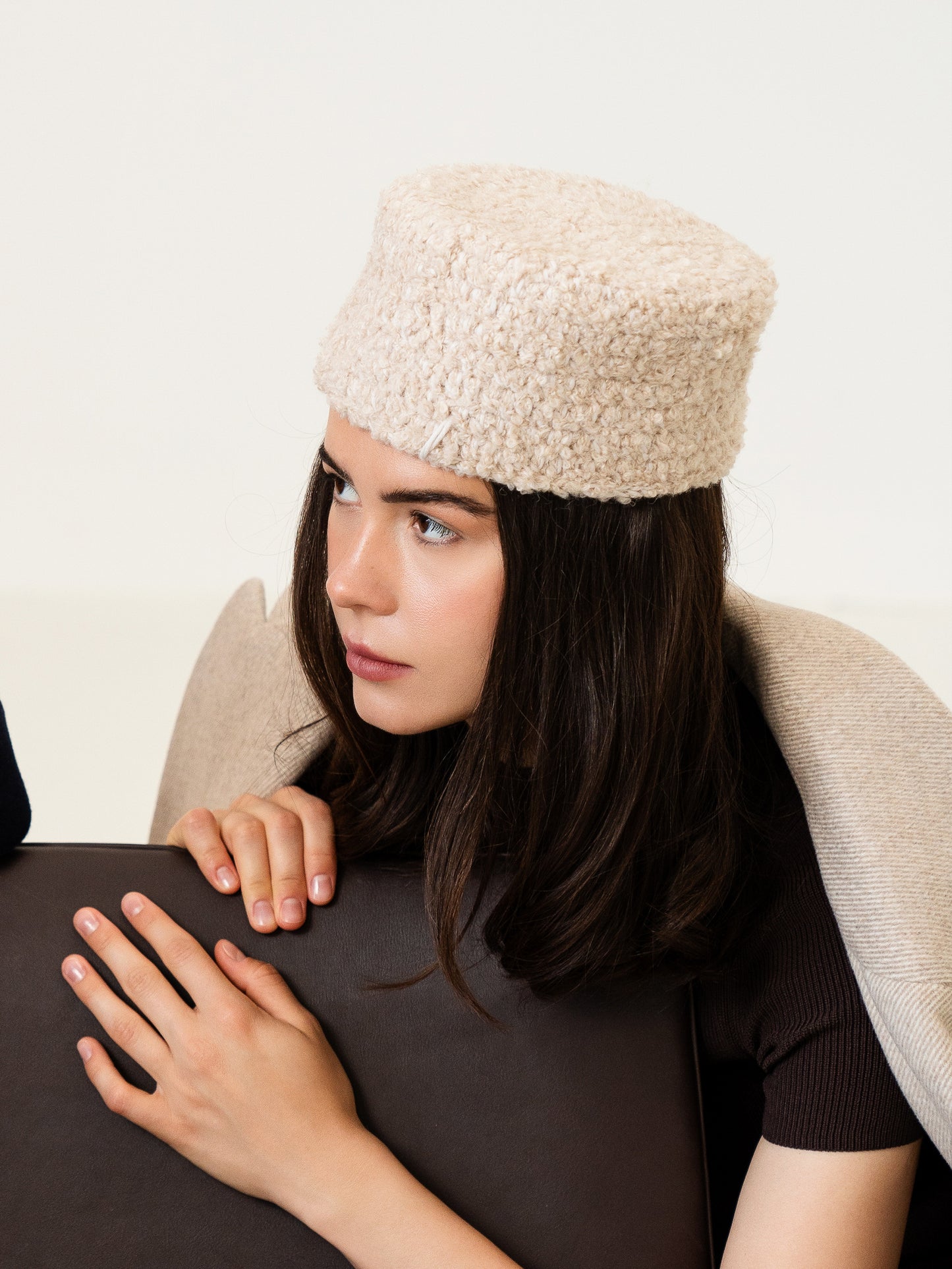 Merino Wool Pillbox Hat, Ivory