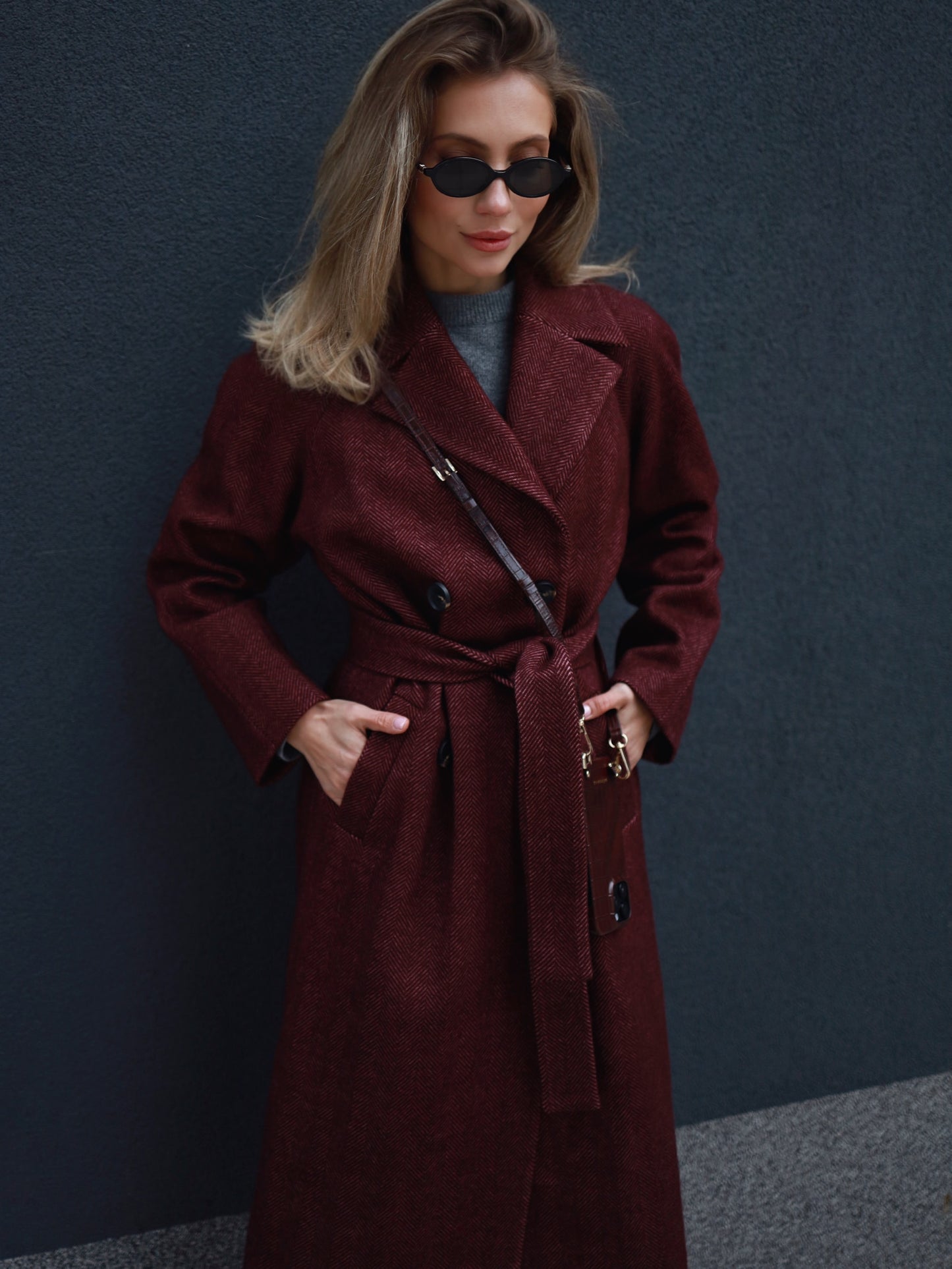 Burgundy Herringbone Raglan Wool Coat