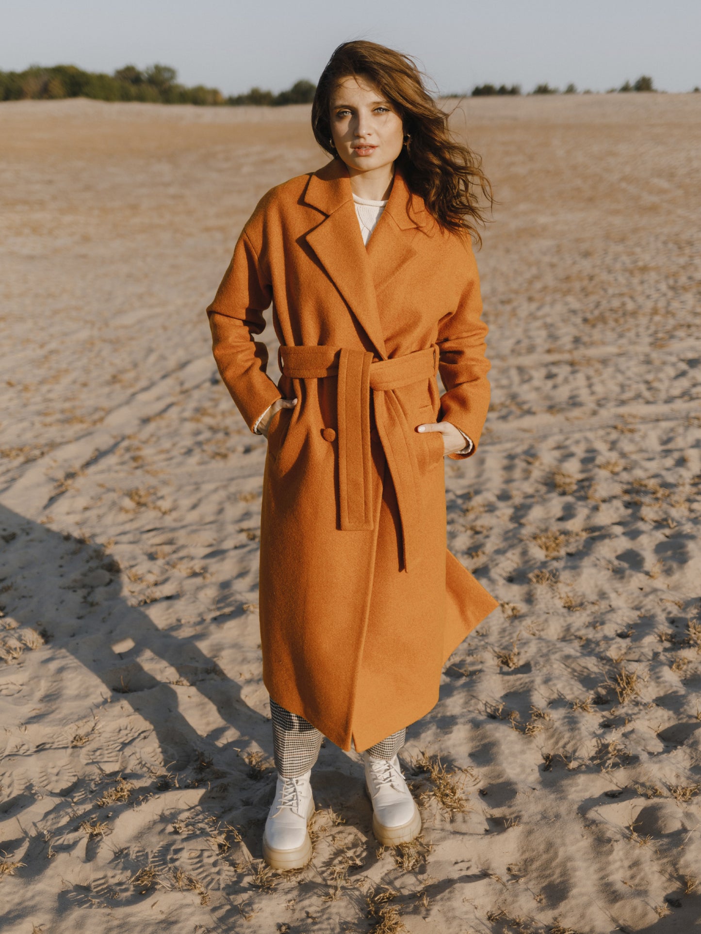 Rusty Red Double-Breasted Wool Coat with Belt