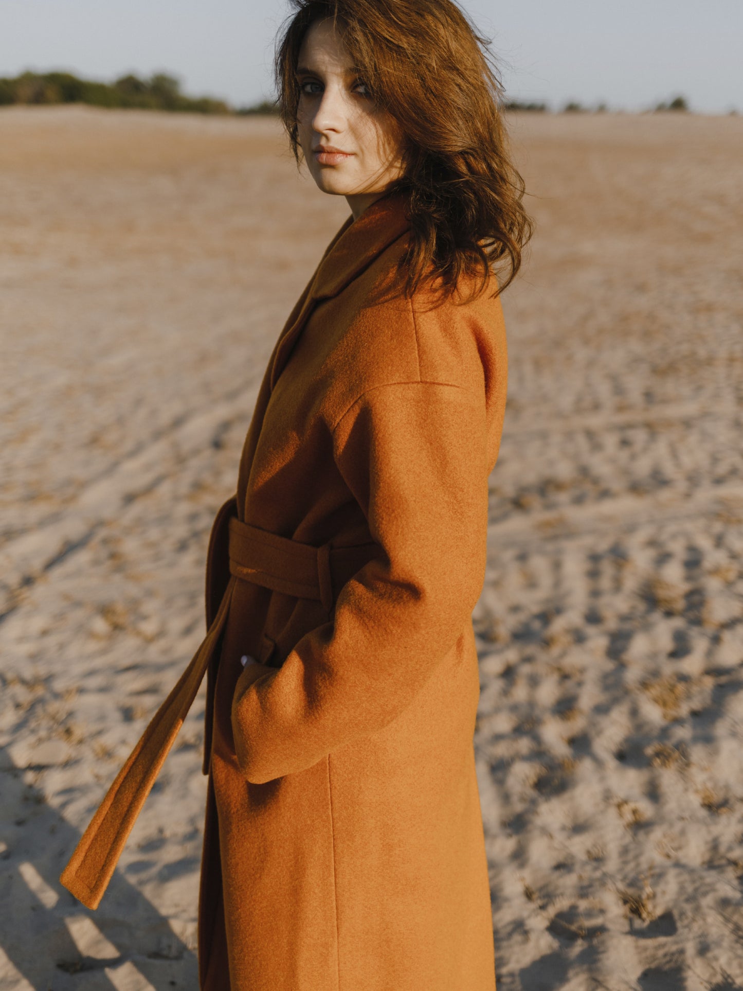 Rusty Red Double-Breasted Wool Coat with Belt