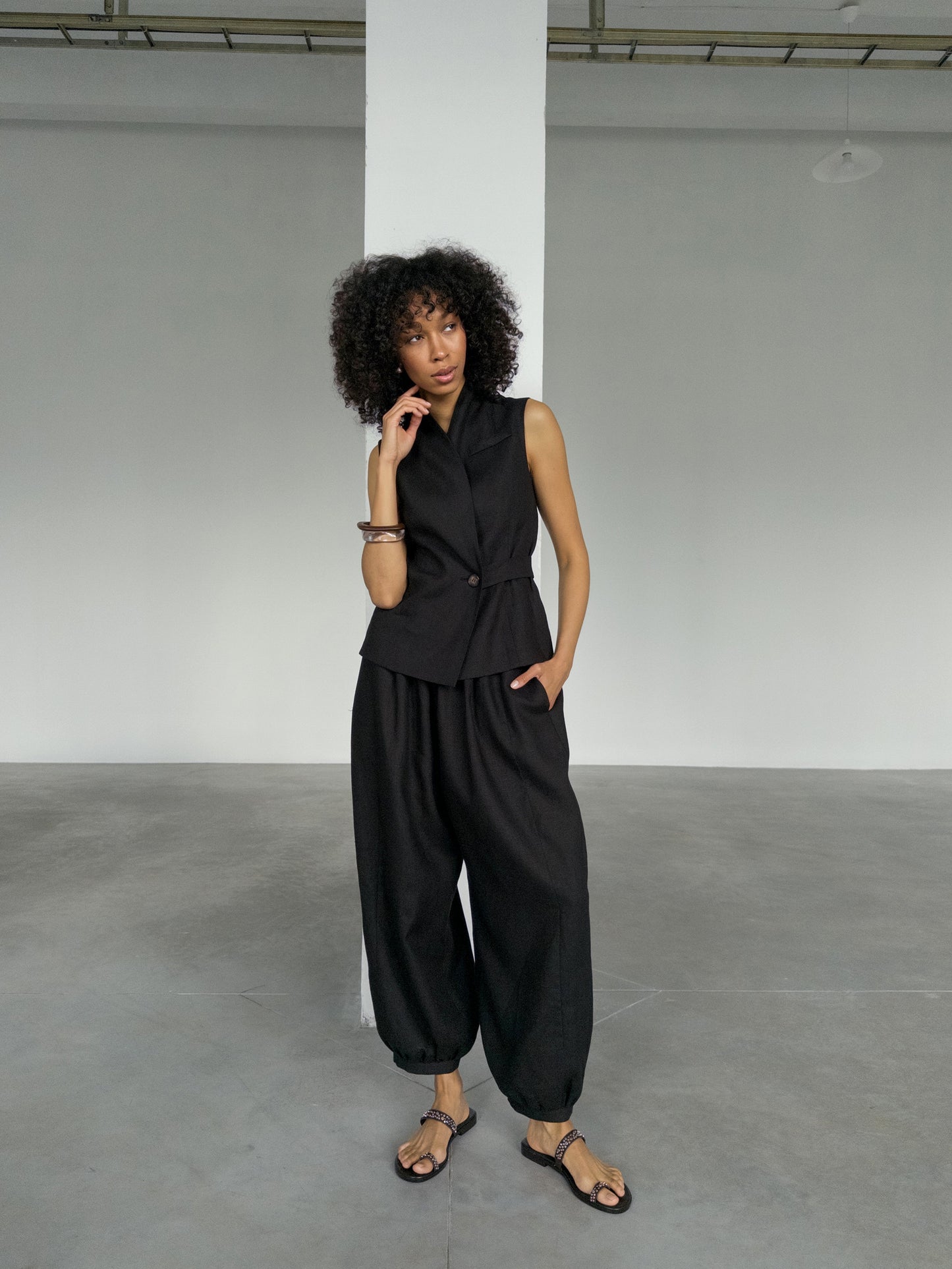 Linen Waistcoat with Shawl Collar, Black