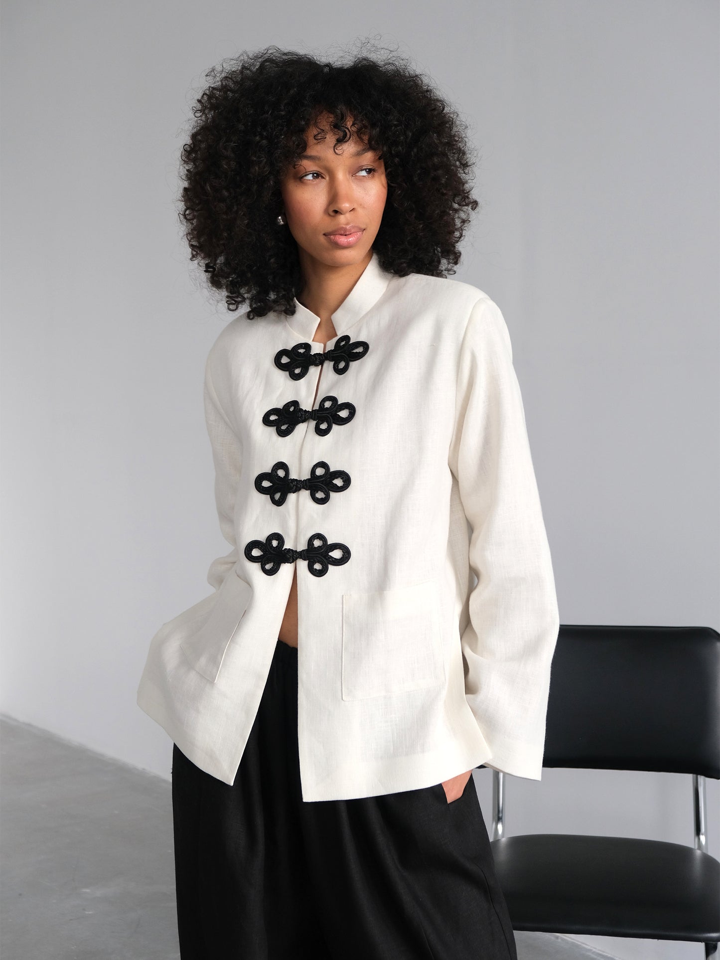 Milk Linen Jacket with Frog Closures, White