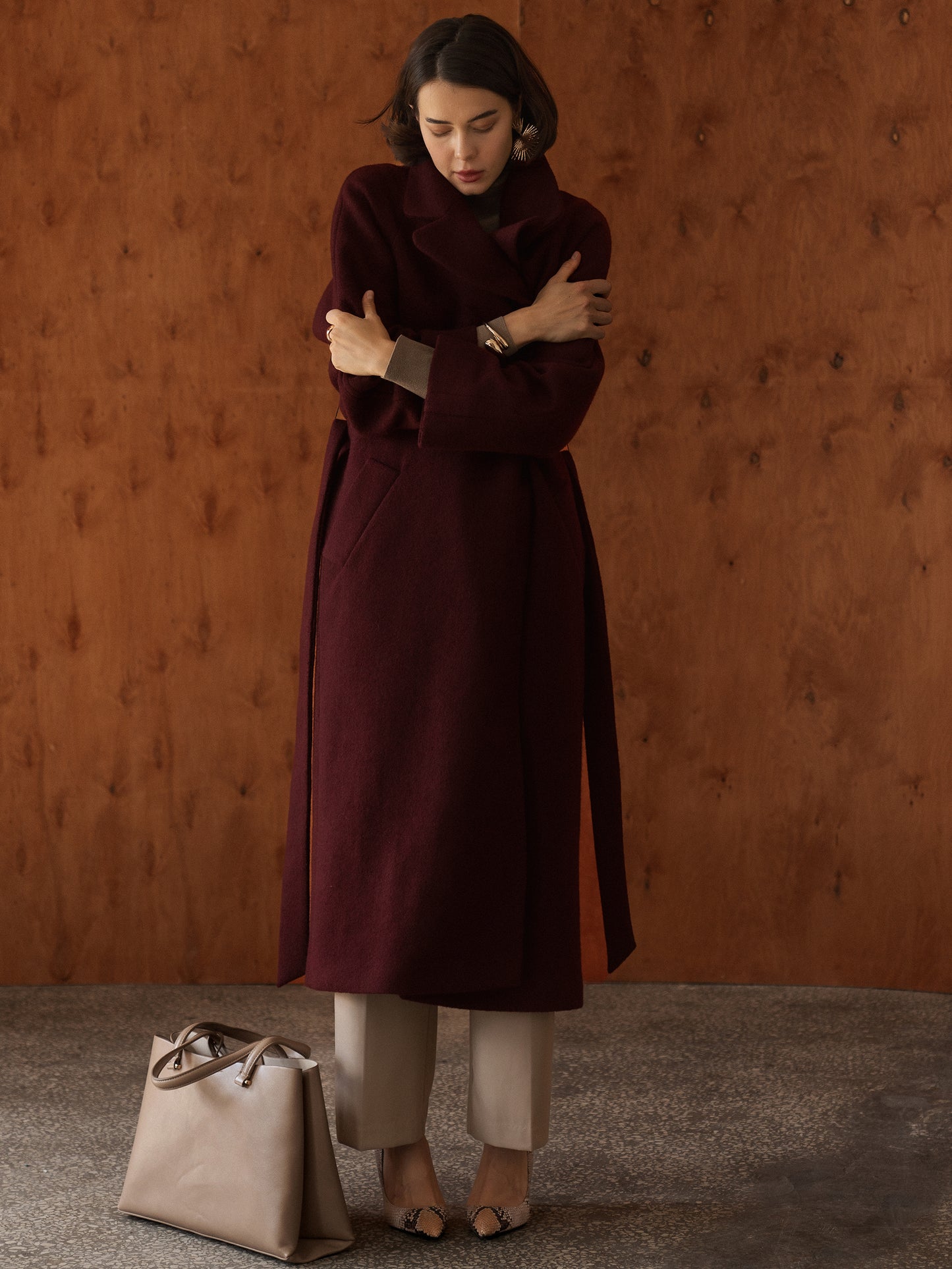 Double-Breasted Burgundy Coat with ribbon