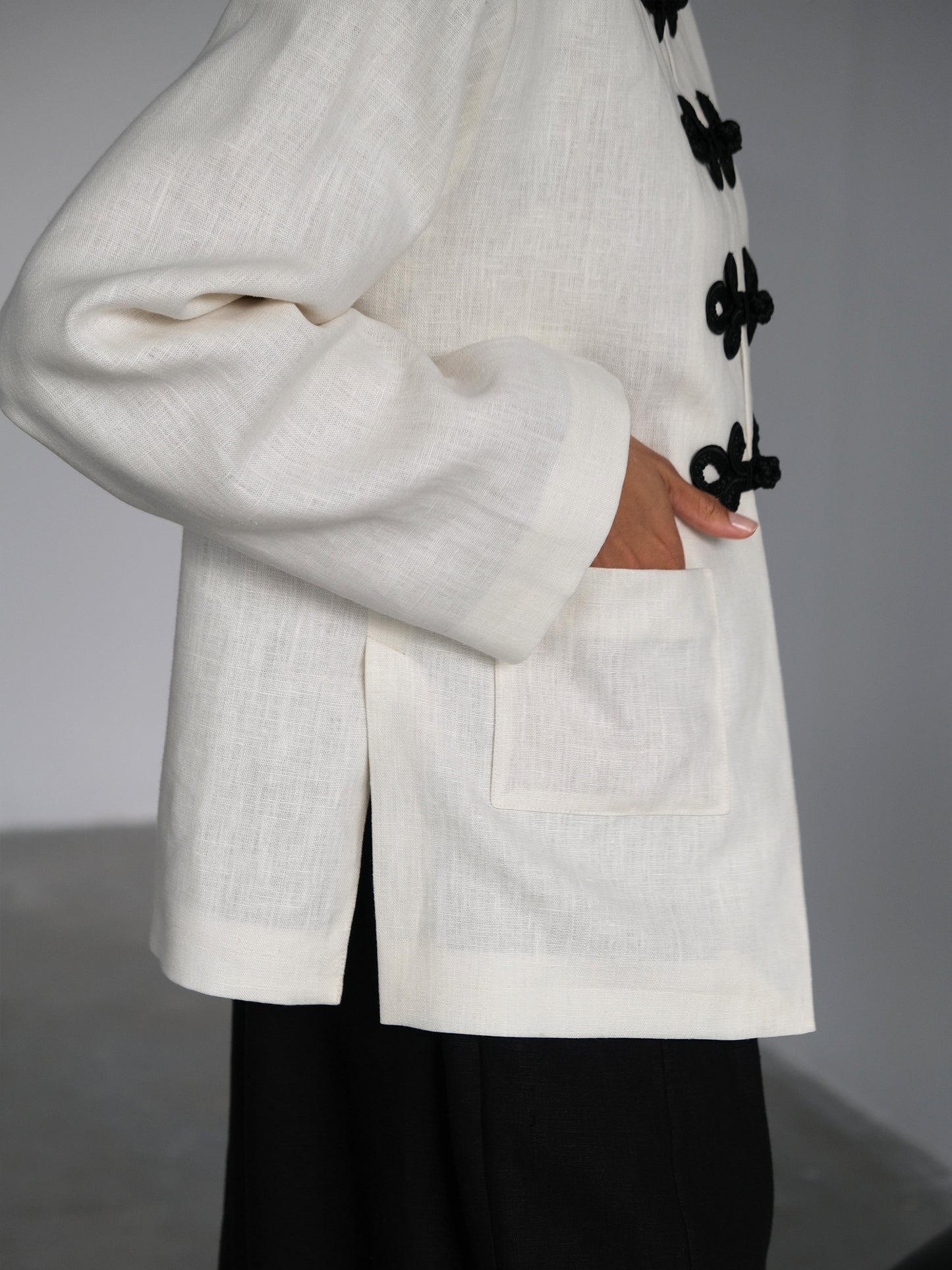 Milk Linen Jacket with Frog Closures, White
