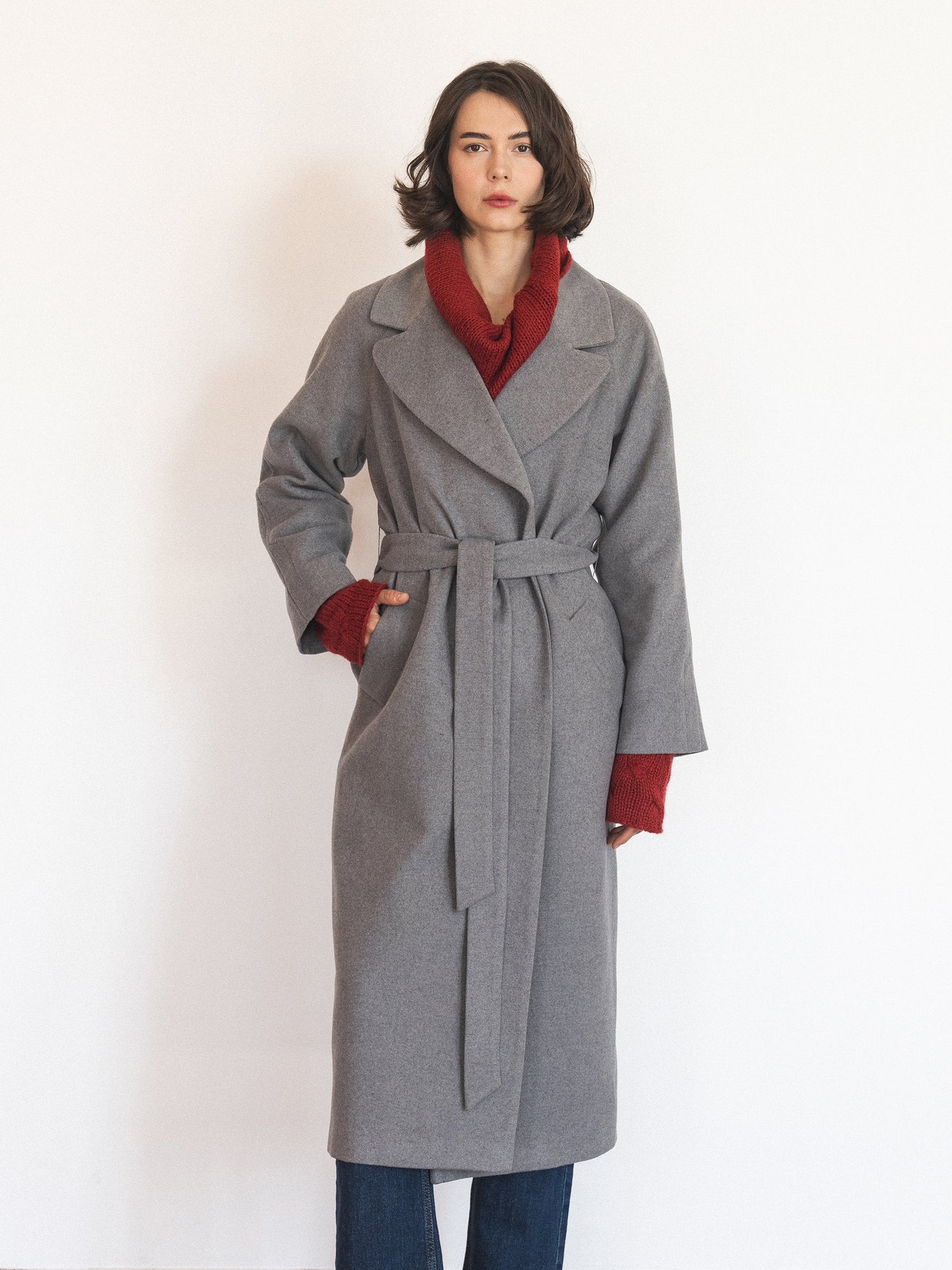 Gray Double-Breasted Long Coat with trim ribbon