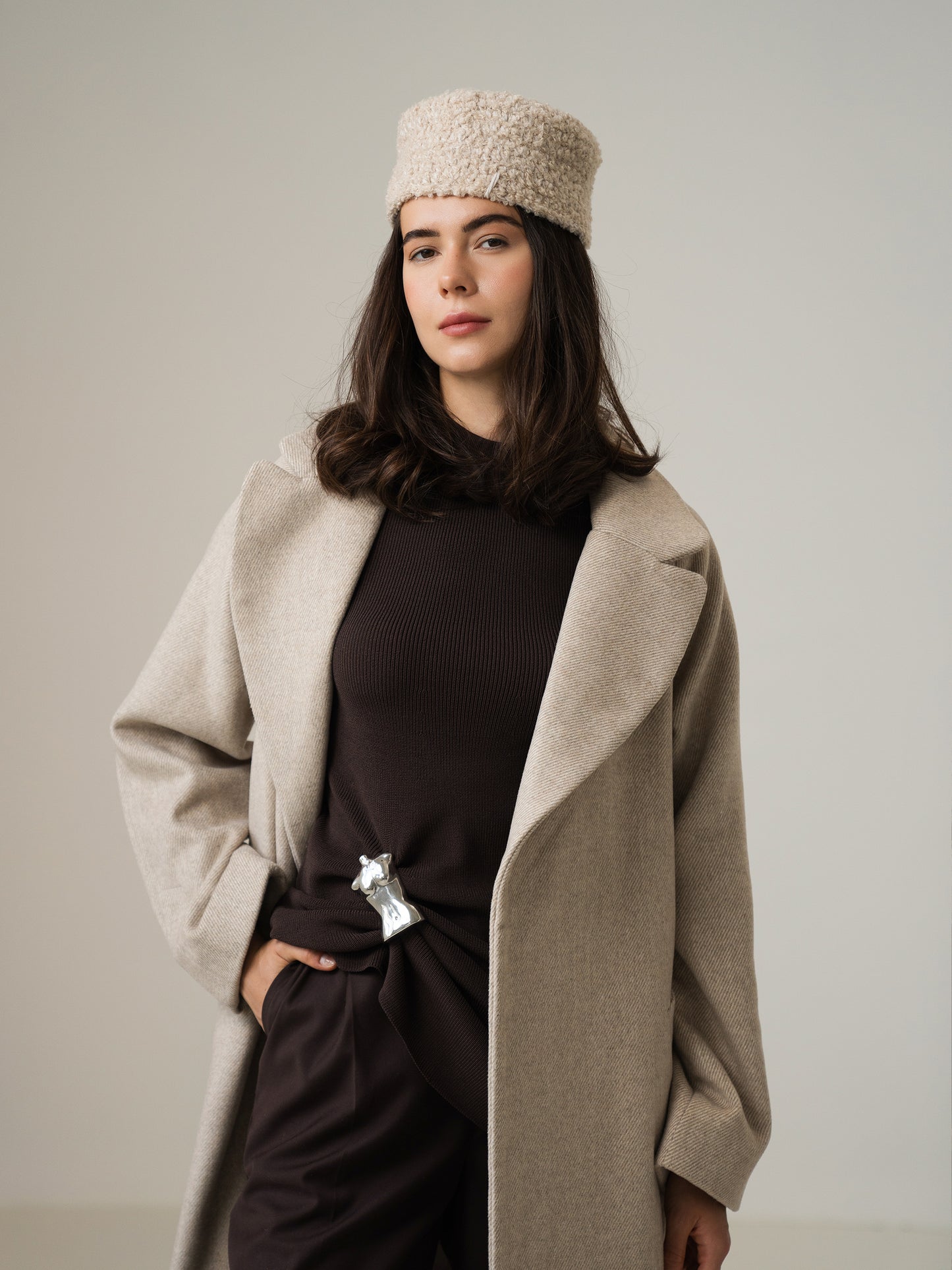 Merino Wool Pillbox Hat, Ivory