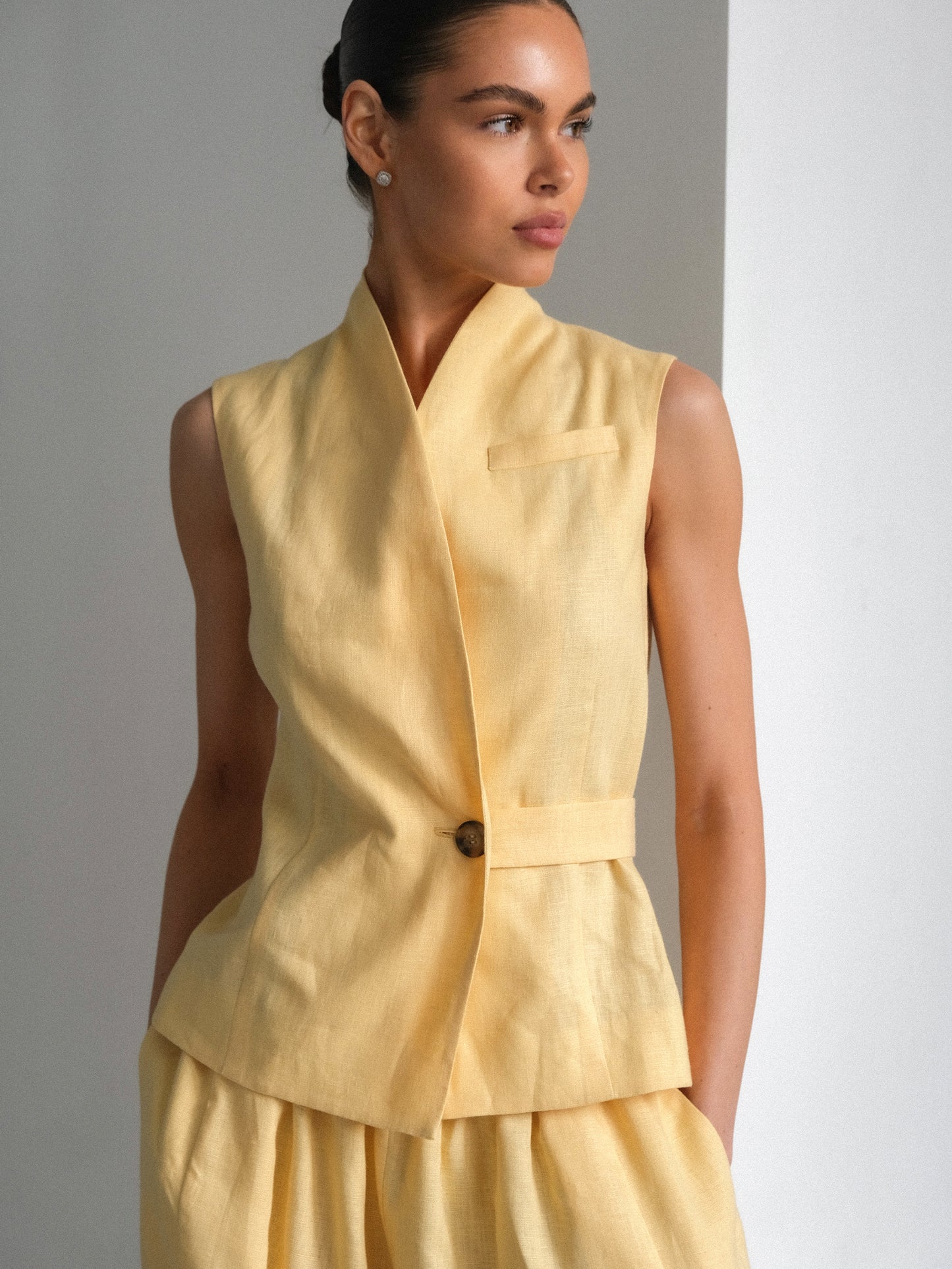 Linen Waistcoat with Shawl Collar, Yellow