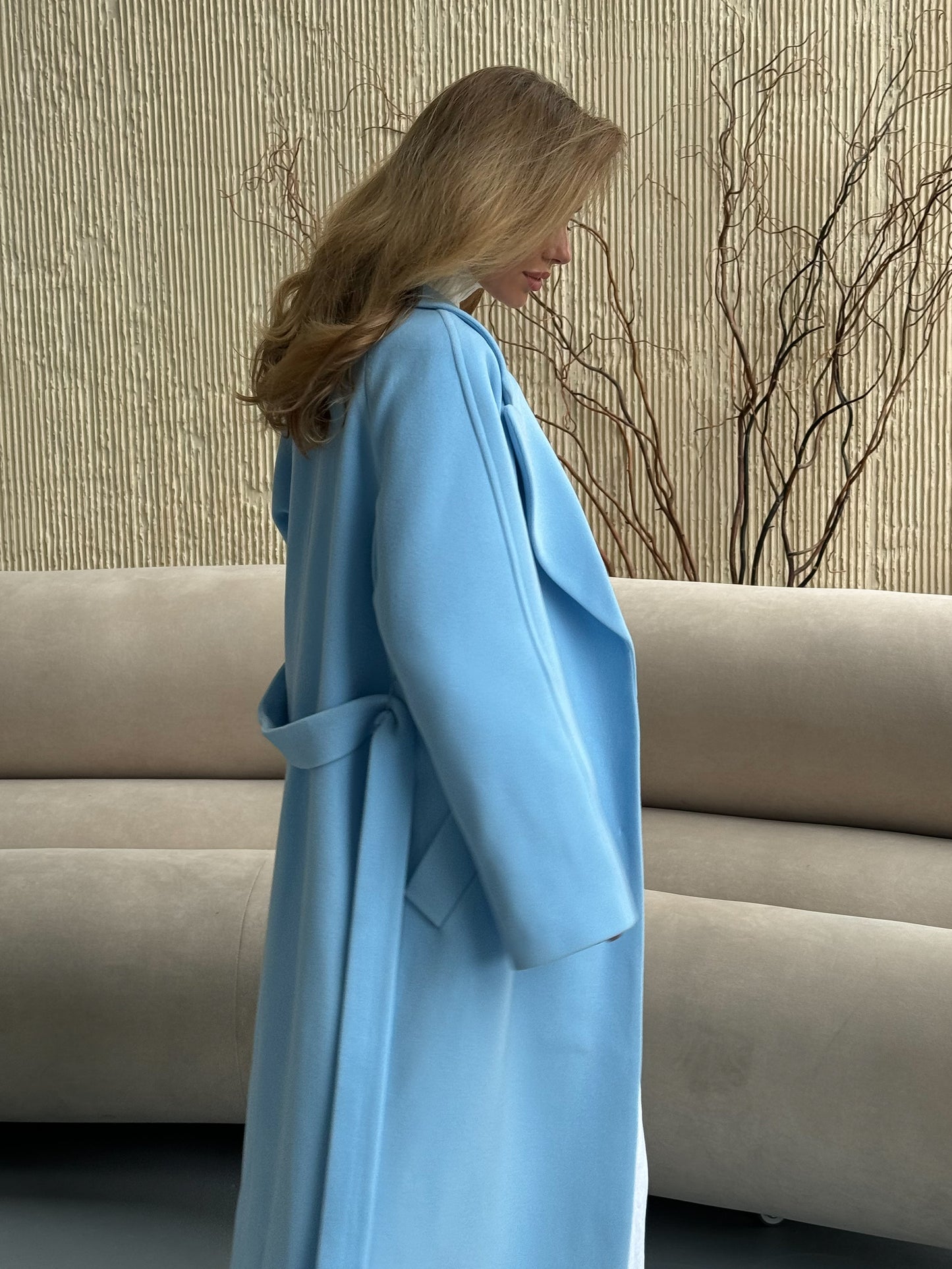 Blue Double-Breasted Long Coat with pockets