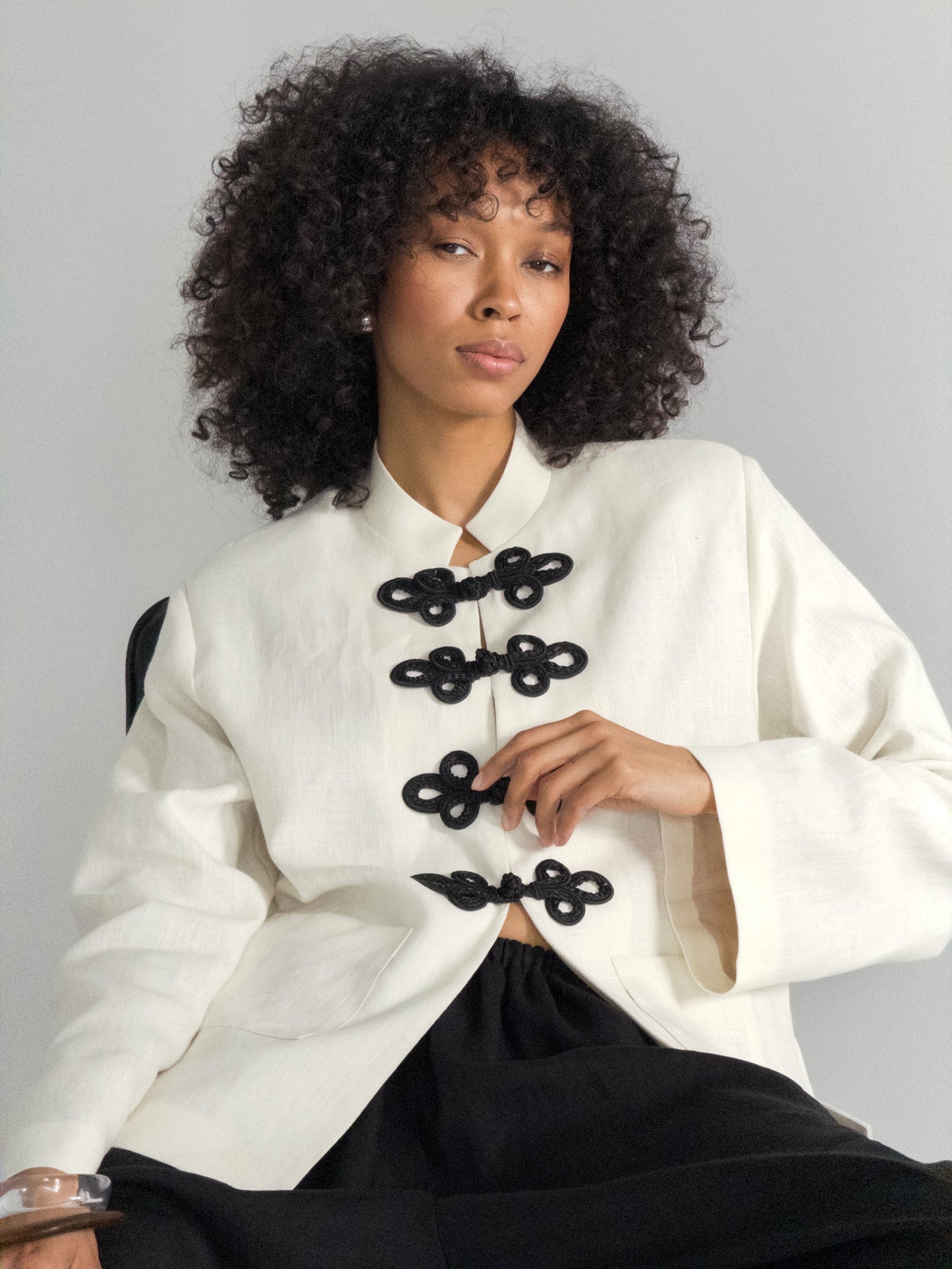 Milk Linen Jacket with Frog Closures, White