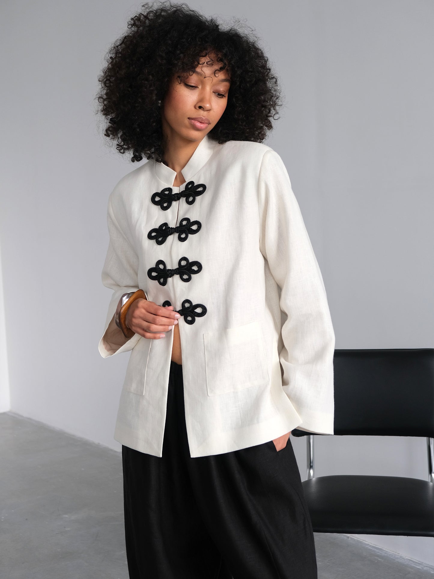 Milk Linen Jacket with Frog Closures, White