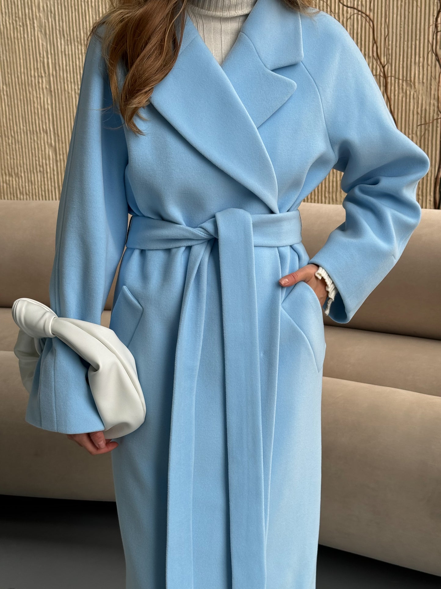 Blue Double-Breasted Long Coat with pockets