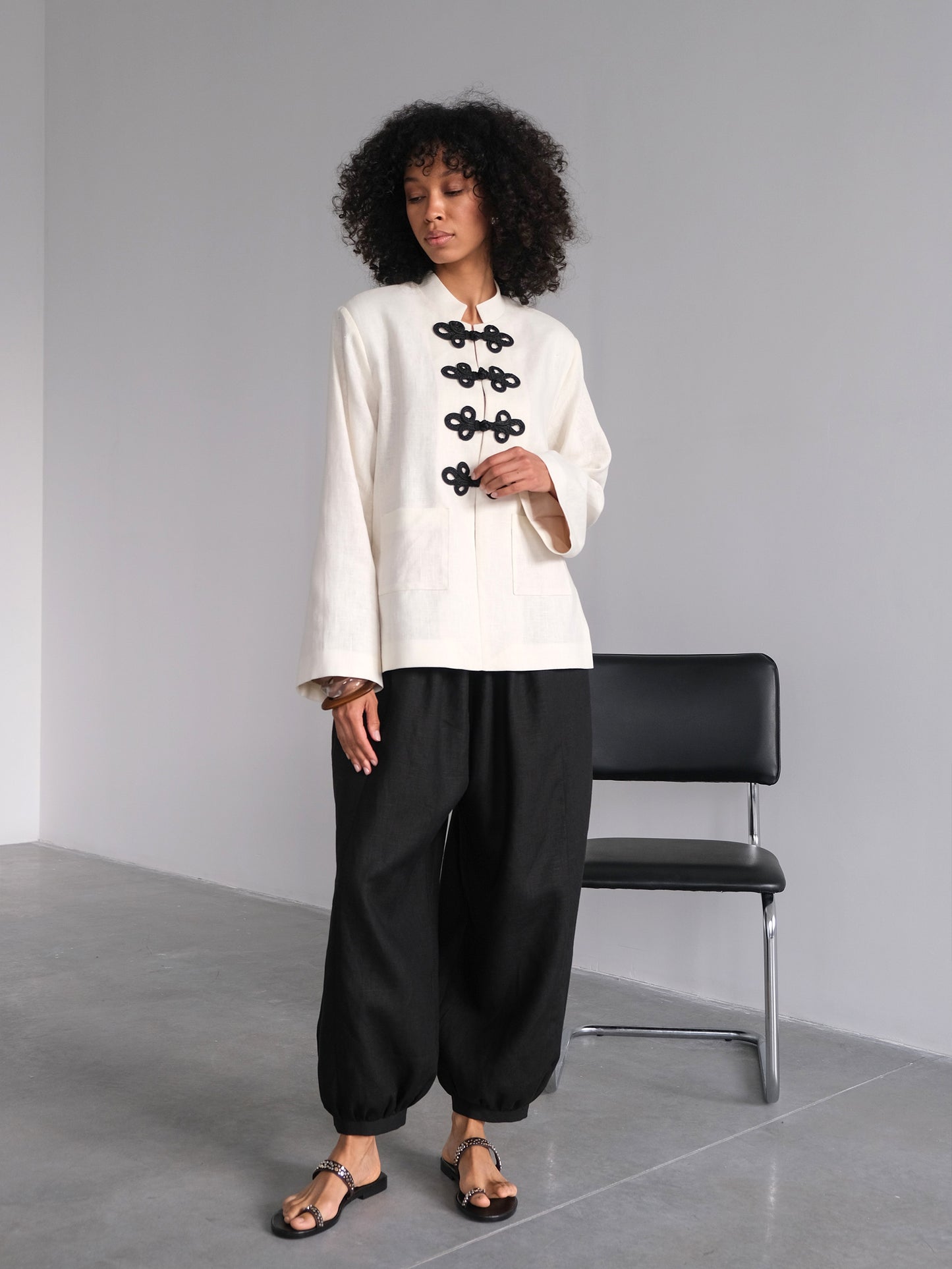 Milk Linen Jacket with Frog Closures, White