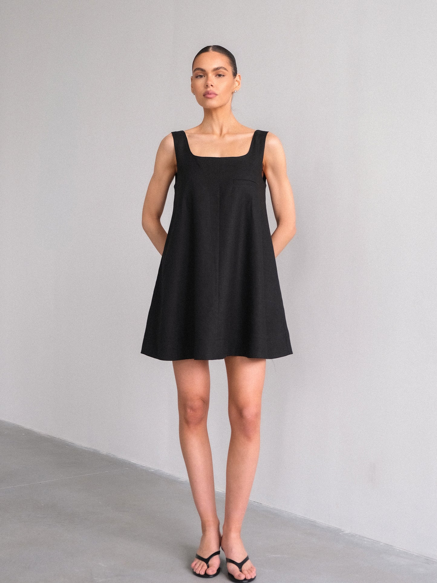 Linen Mini Dress, Black