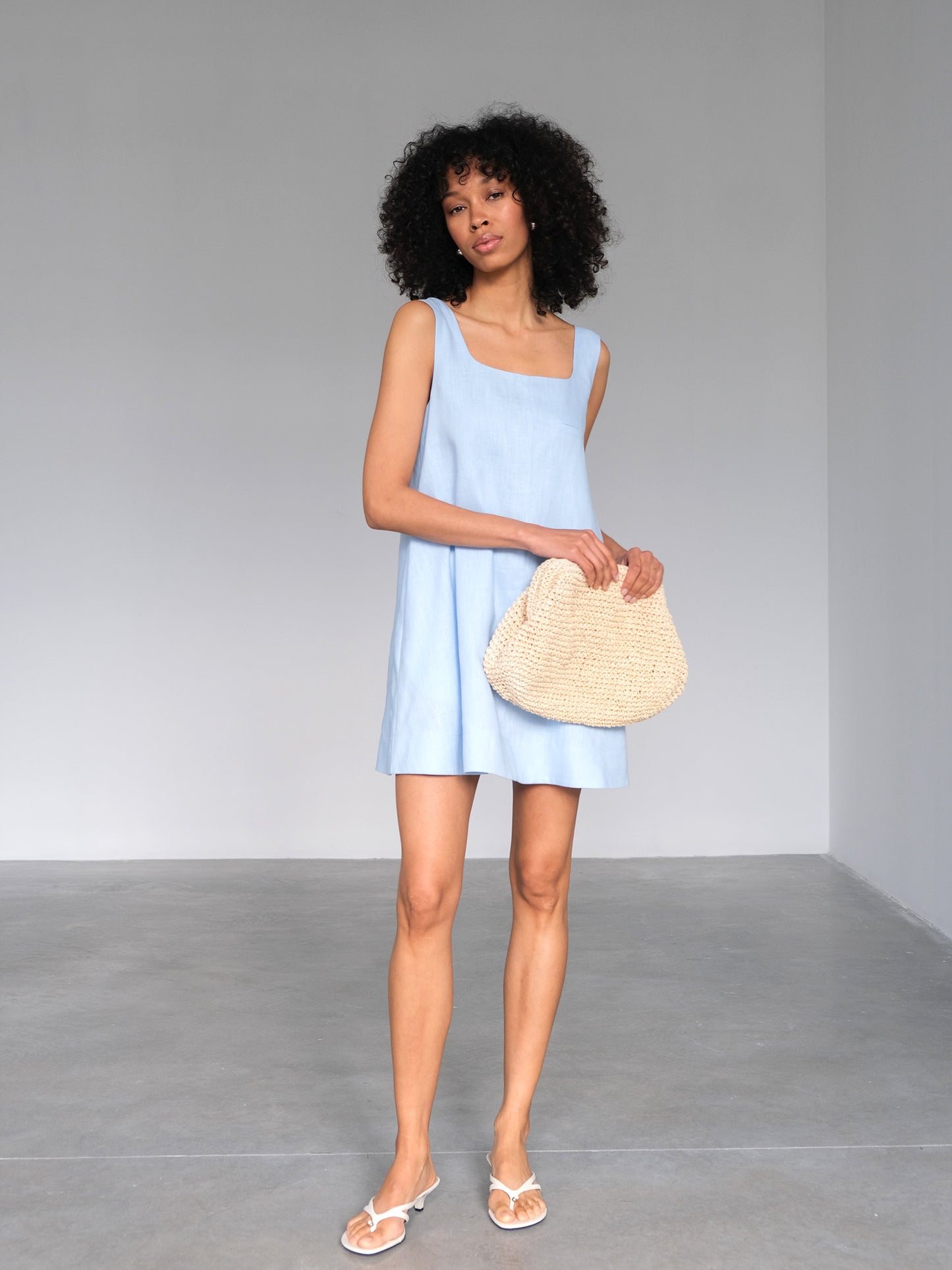 Linen Mini Dress, Light Blue