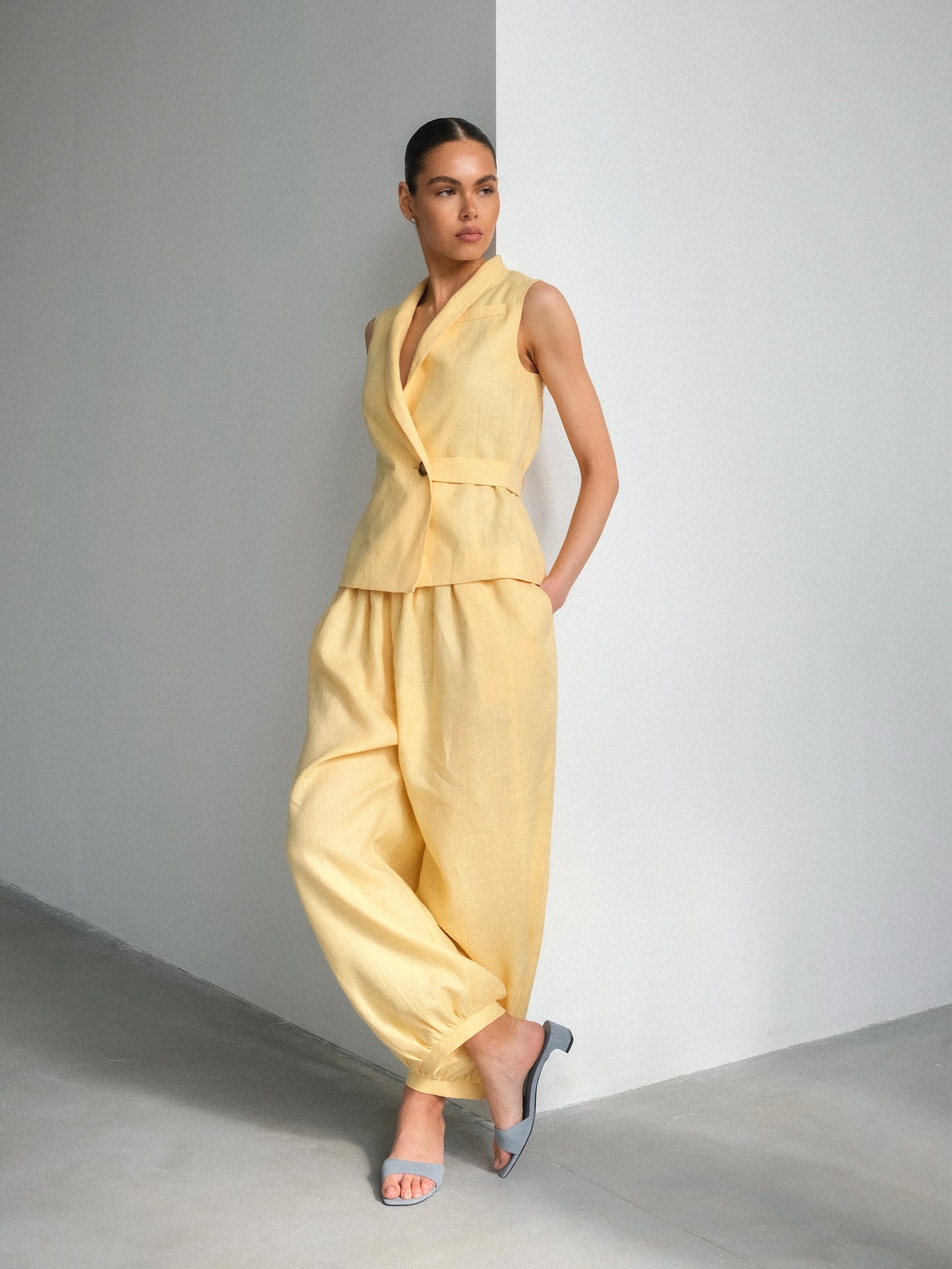 Linen Waistcoat with Shawl Collar, Yellow
