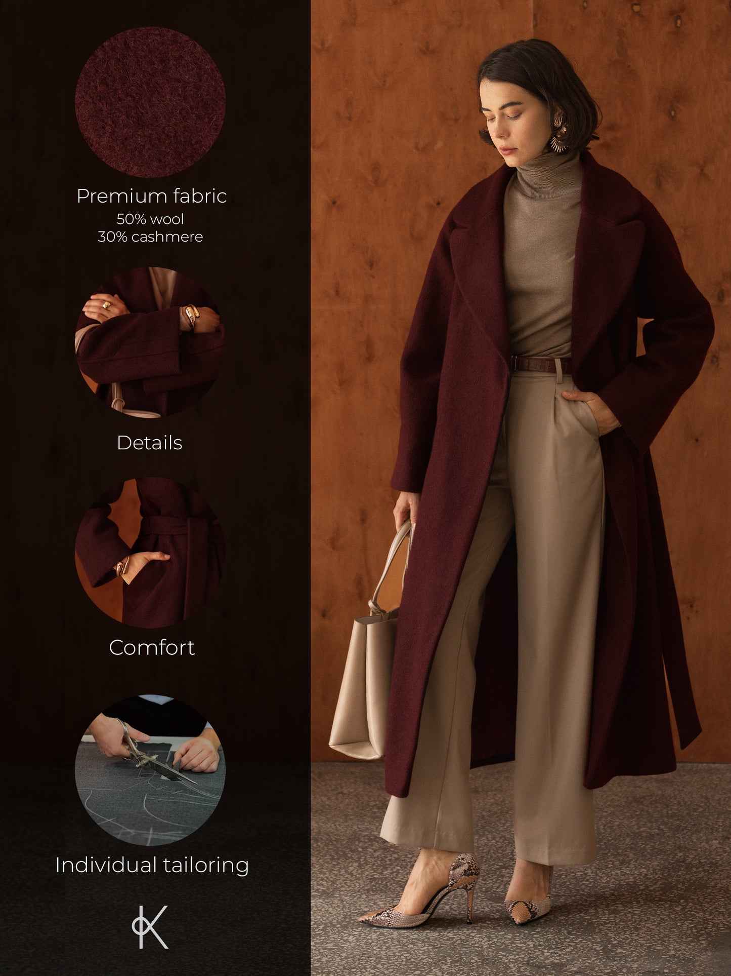 Double-Breasted Burgundy Coat with ribbon