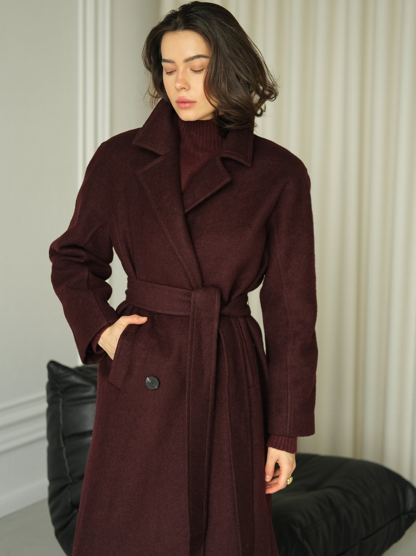 Burgundy Long Coat with Buttons