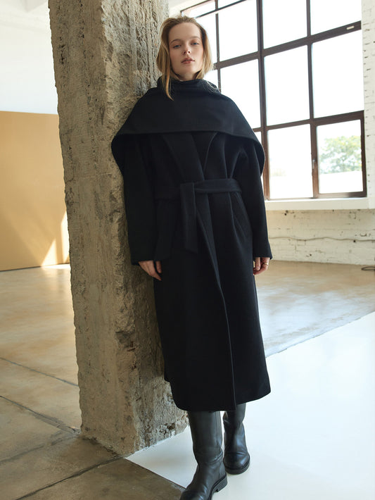 CHÉLIE black oversized wool wrap coat with belt