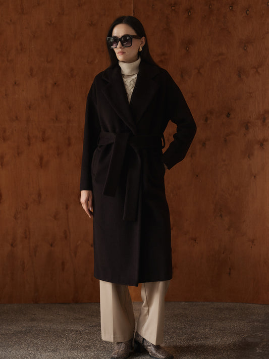 Dark Chocolate Long Wool Coat with Belt