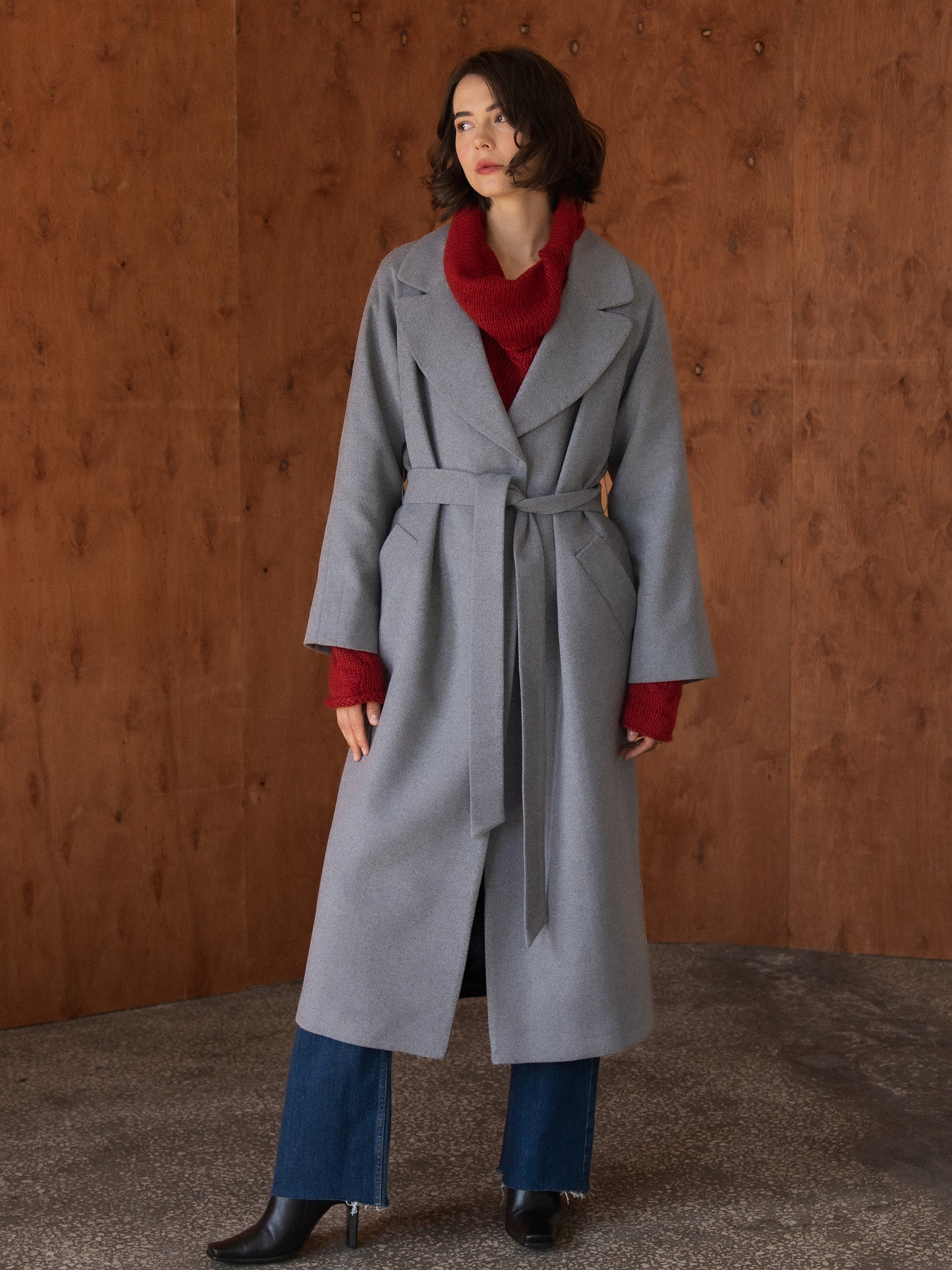 Gray Double-Breasted Long Coat with trim ribbon