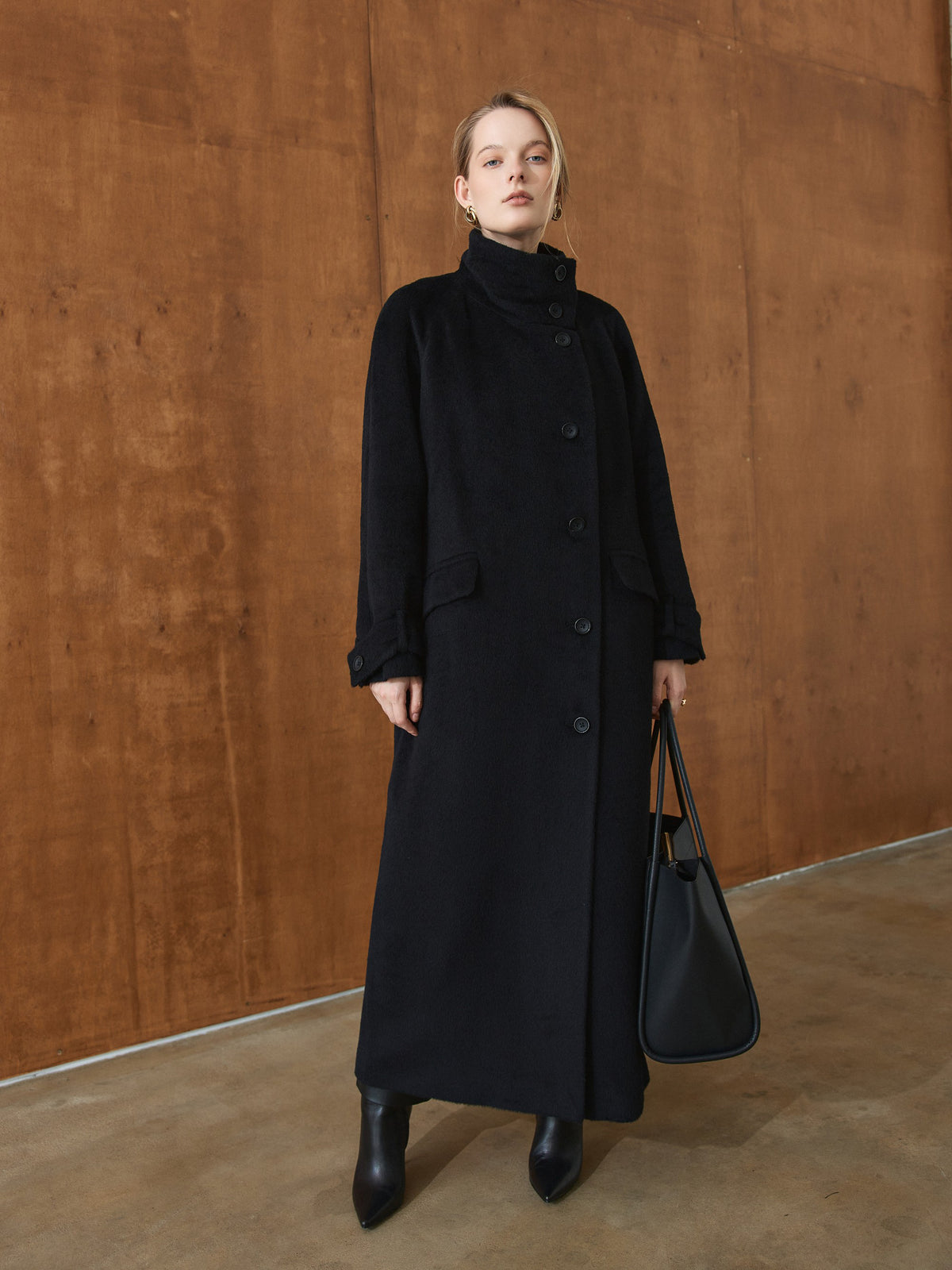 CHÉLIE long black wool coat with high collar