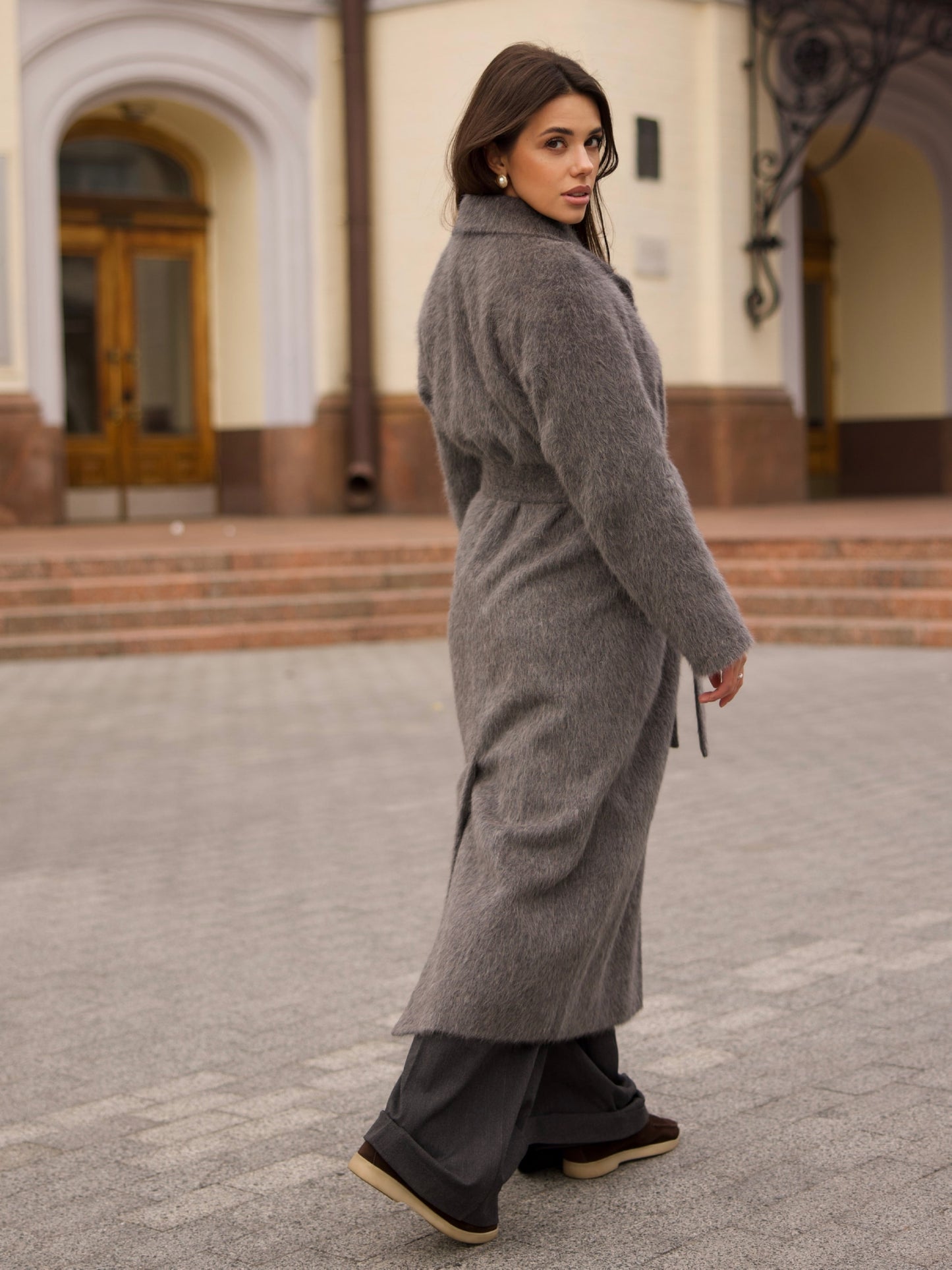 Long Gray Wool Coat with Belt 4