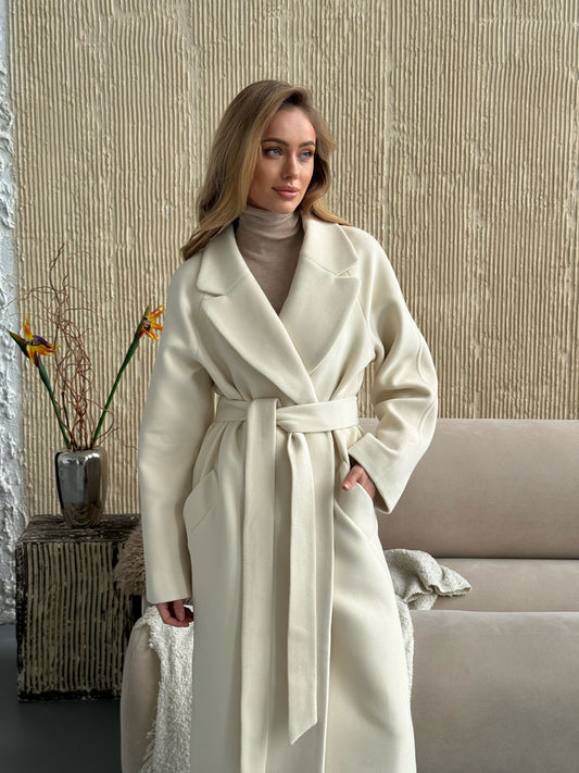 White Double-Breasted Coat with Belt